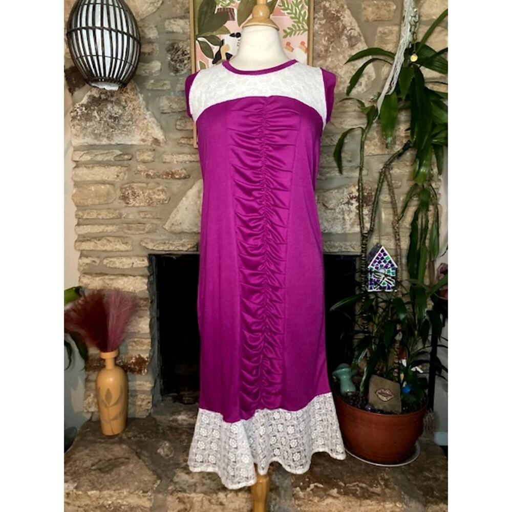 Vintage Magenta Ruched Lace Midi Dress - Large